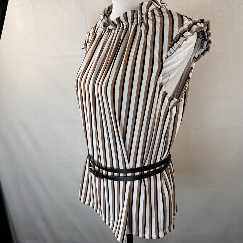 Adrianna Papell Women Tank Sz M Black Brown White Ruffle Mock Neck cap sleeve - Picture 2 of 9